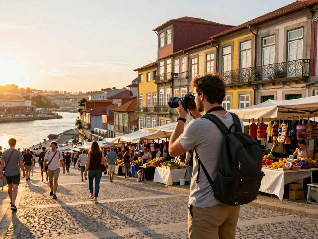 Reisetipps Porto: Reisender, der lebendige Straßen und Sonnenuntergangsansichten in Porto einfängt.