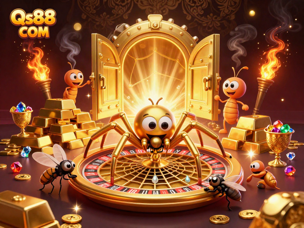 Experience thrilling bets at Qs88 COM with a golden spider spinning a roulette wheel.