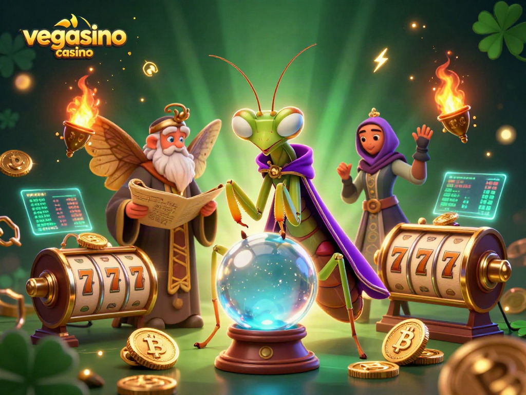 Experience the vibrant vegasino casino world with a mystical fortune teller and ancient librarian.