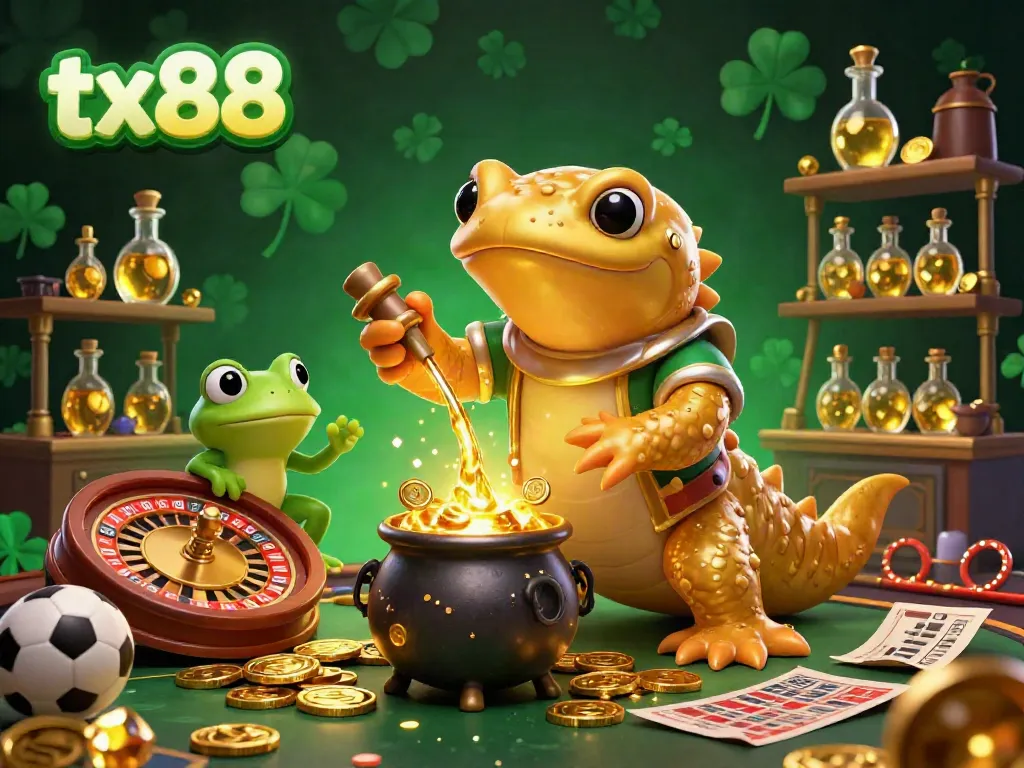 tx88 transforms sports betting excitement, showcasing characters amidst cascading gold and riches.