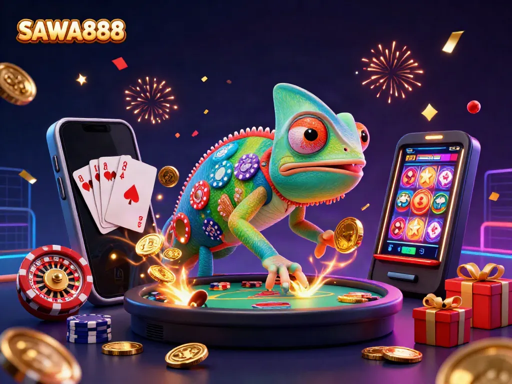 Experience exciting wins at SAWA888, featuring a colorful 3D casino scene with a chameleon owner and golden coins.