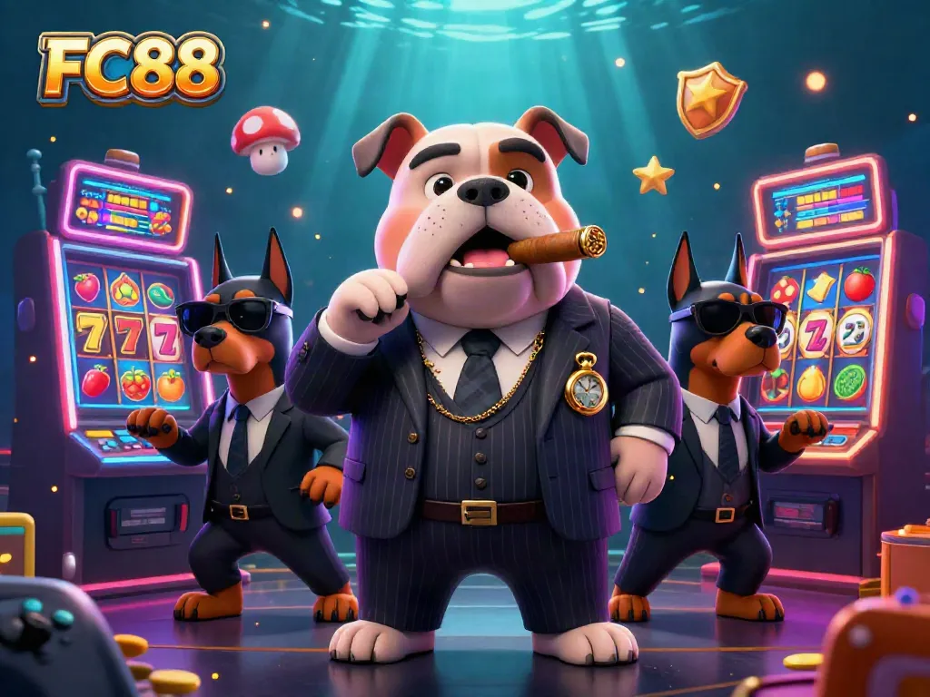 FC88 showcases a vibrant 3D casino scene with a cartoon mafia bulldog and dynamic slot machines, illustrating exciting gameplay.