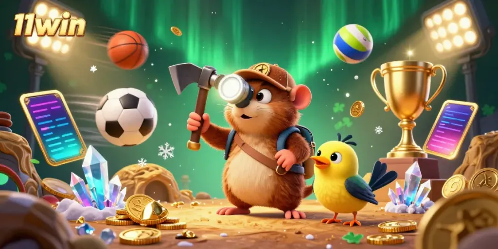 Experience thrilling wins at 11win with a treasure-hunting mole and vibrant casino elements, showcasing exhilarating gameplay.