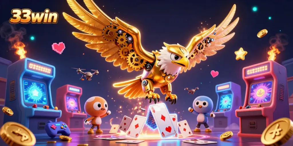 Experience the thrill of 33win with vibrant arcade games and a majestic eagle soaring through casino elements.