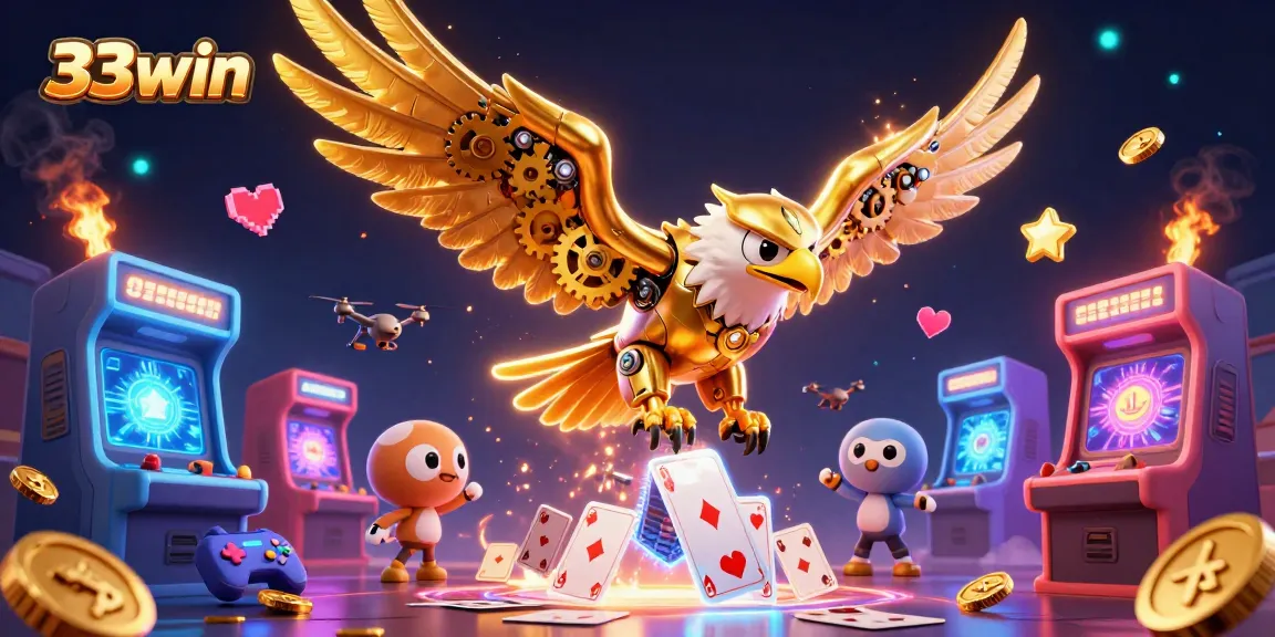 Experience the thrill of 33win with vibrant arcade games and a majestic eagle soaring through casino elements.