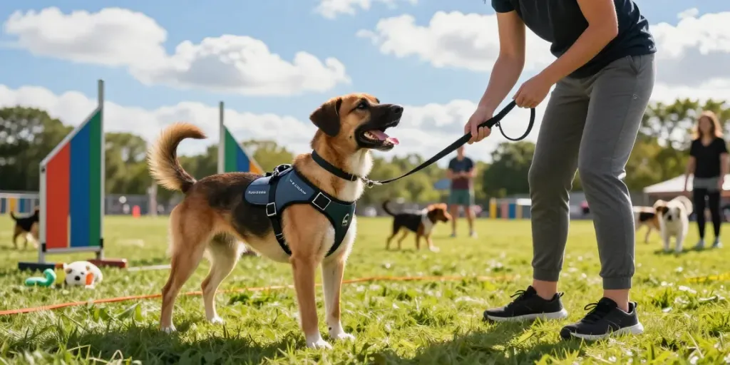 ROKOK88 daftar featuring trainers using modern K9 gear with dogs in a sunny park setting.