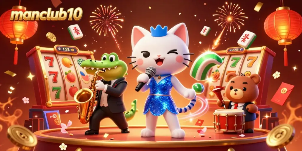 Experience the excitement of manclub10 with a dynamic casino scene featuring a singing cat, saxophone crocodile, and drumming bear, surrounded by vibrant slot elements.