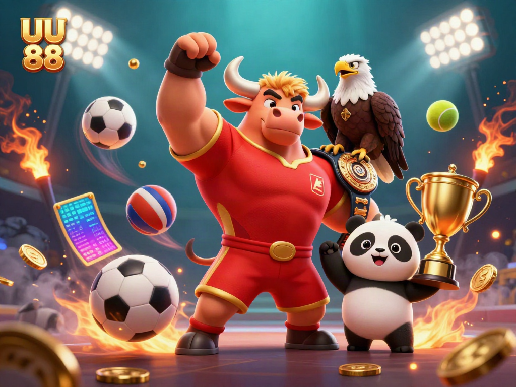 Experience thrilling bets with UU 88's dynamic casino scene featuring winning mascots and sports elements.