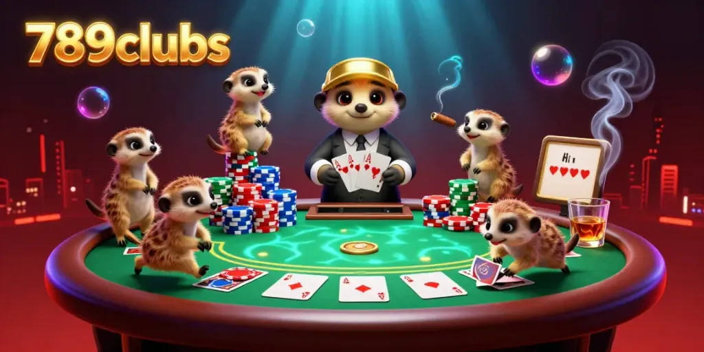 Players enjoy thrilling moments at 789clubs' exciting casino scene with meerkats and colorful poker chips.
