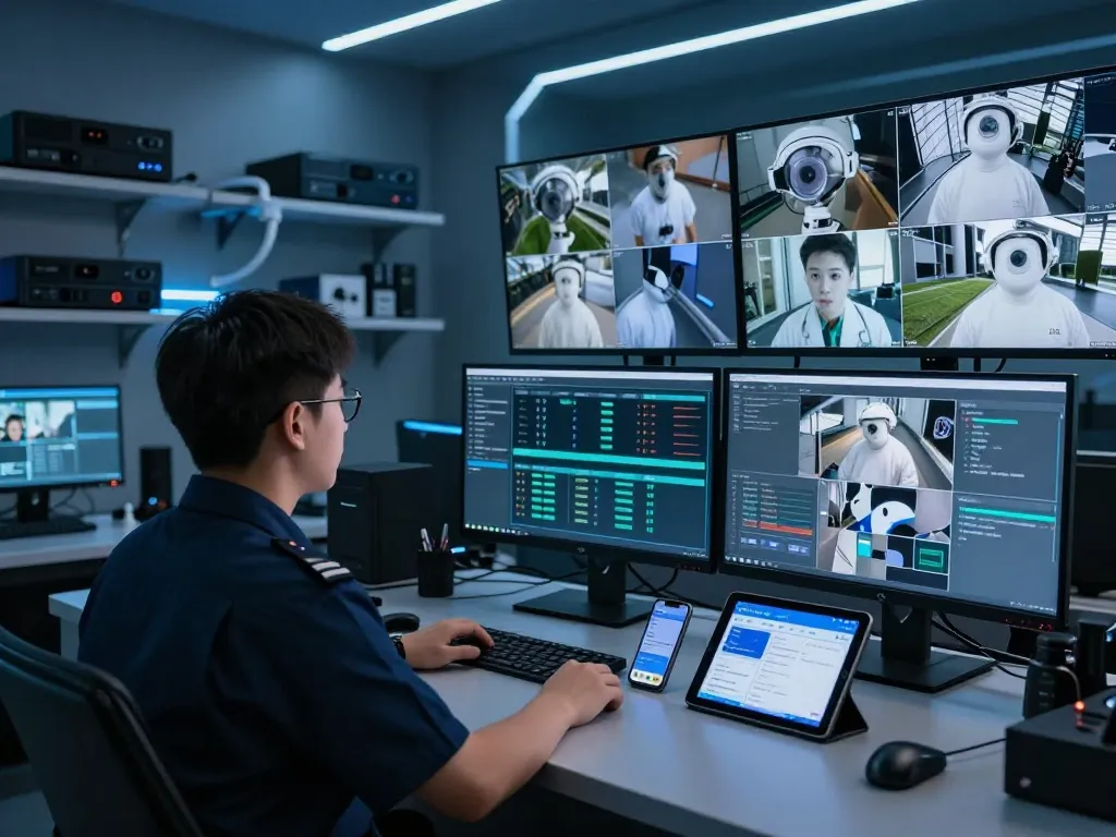 Überwachungstechniker überwacht mehrere Kamerafeeds in einem hochmodernen Kontrollraum, der fortschrittliche Sicherheitsanlagen zeigt.