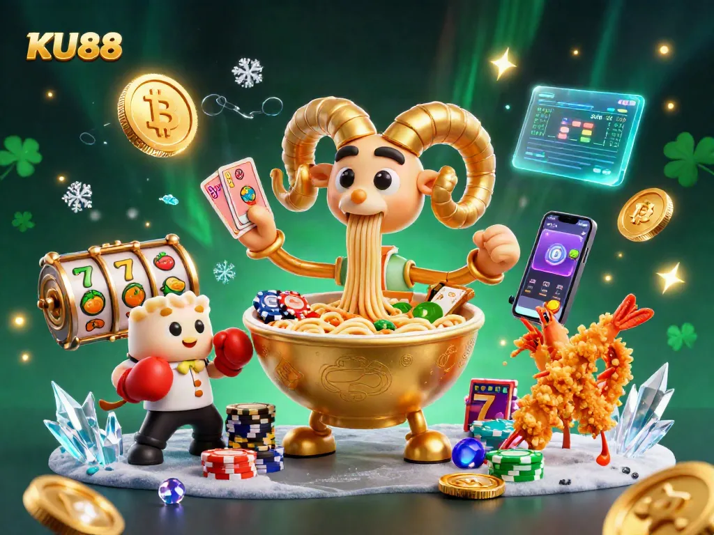 KU88 showcases an action-packed scene with a giant ramen bowl dealer amidst vibrant casino elements.