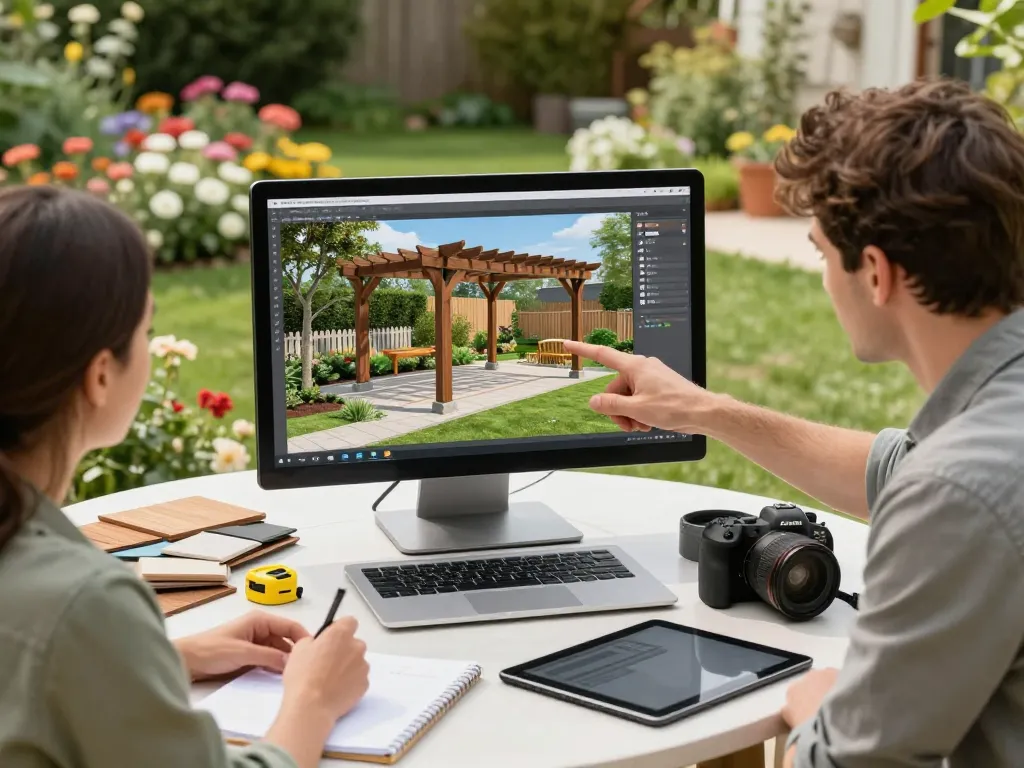 Professioneller nutzt Software für Pergola-Installateure, um maßgeschneiderte Pergolen in einem sonnigen Garten zu entwerfen.
