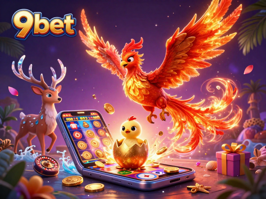 Experience exhilarating slots action with 9bet's vibrant 3D casino illustration featuring dynamic game elements.