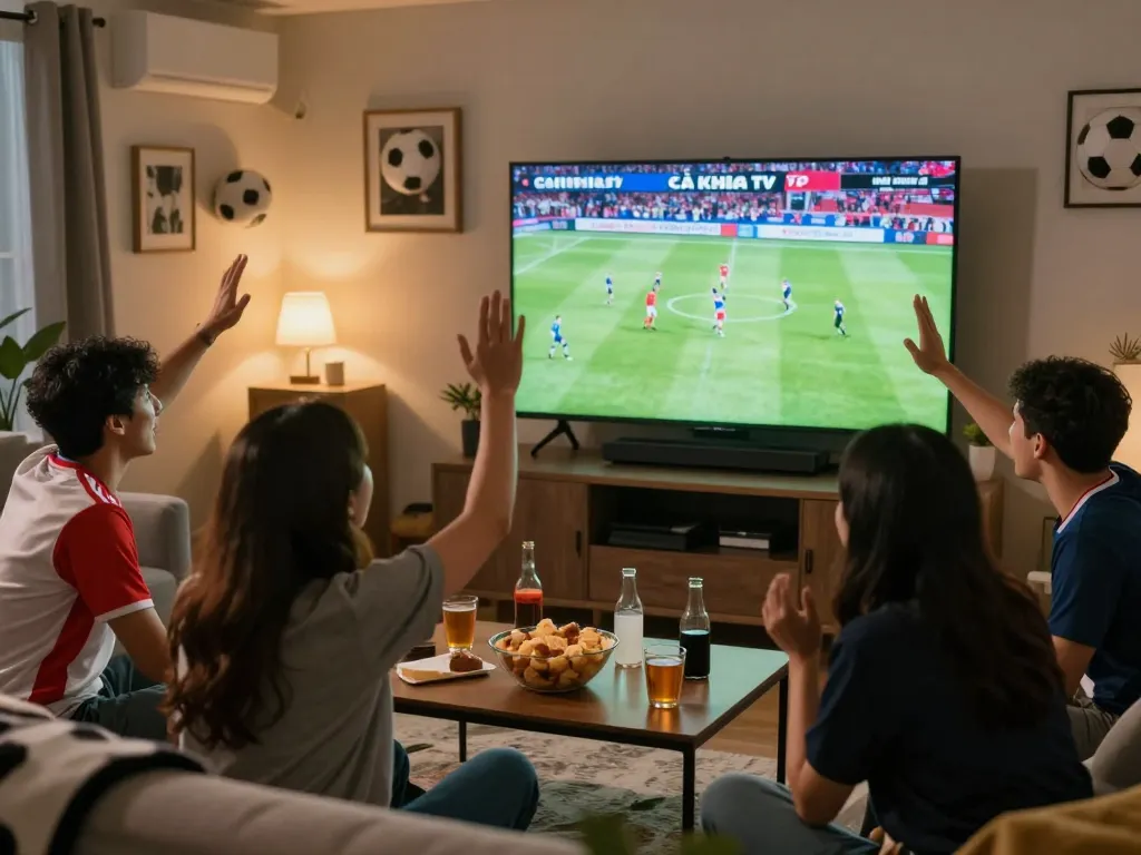 Cà Khịa TV viewing experience with friends watching a live football match on a big screen.