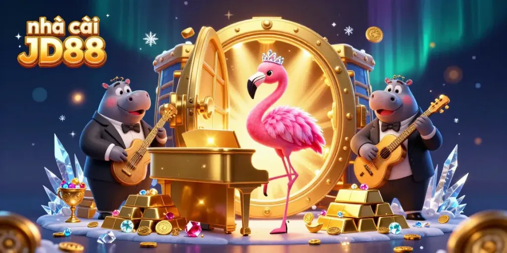 Experience lively moments at nhà cái JD88 with a vibrant 3D casino scene featuring colorful characters and sparkling treasures.