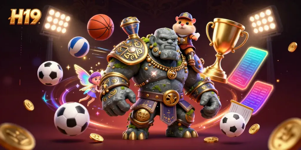 Experience the thrill of H19 in this vibrant illustration of a stone golem, fairy, and hamster knight in a dynamic casino scene.