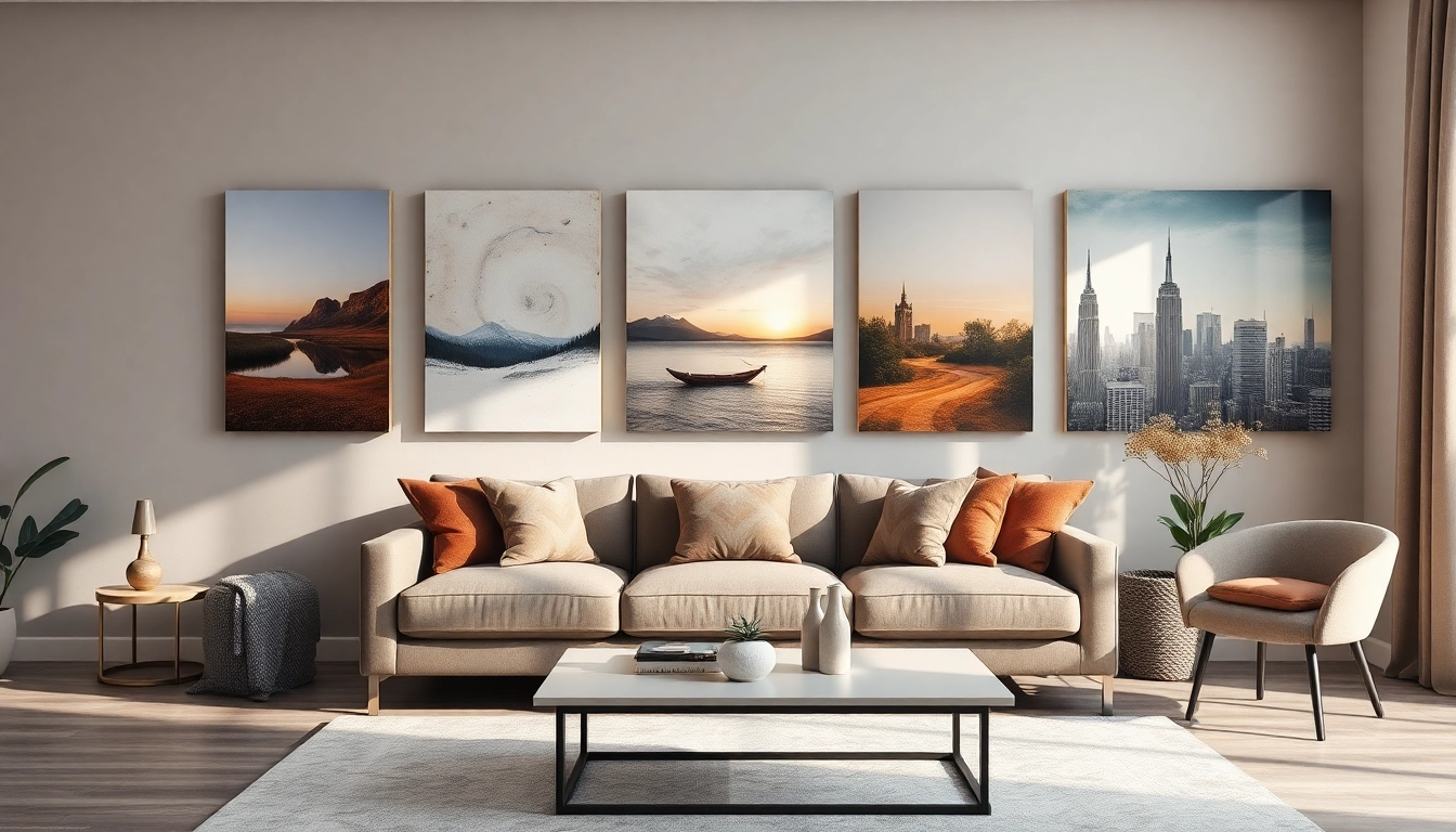 Stilvolles, modernes Wohnzimmer mit Bildern auf Leinwand, die eine einladende Atmosphäre schaffen.