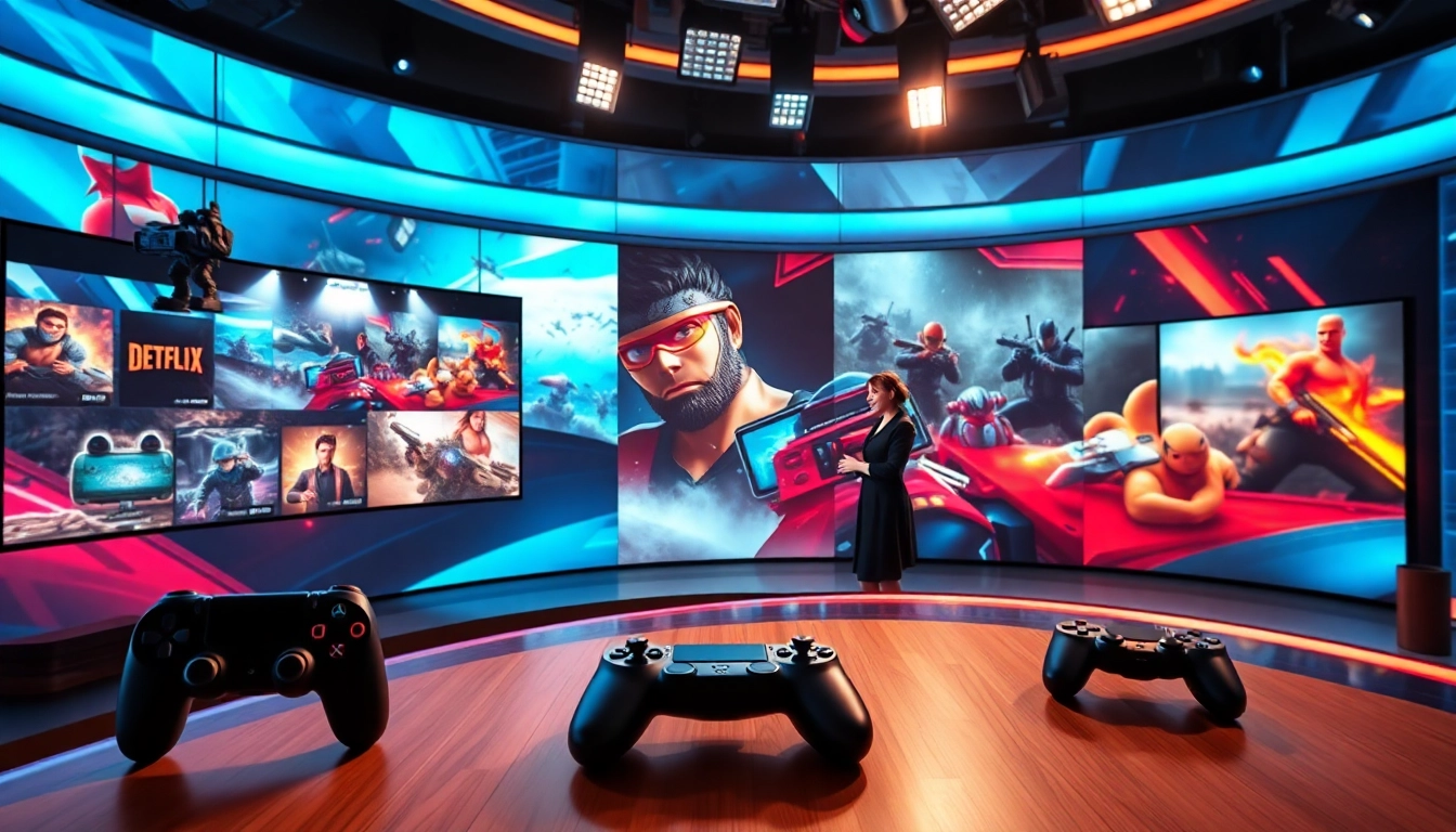 Aktuelle Gaming News in einem professionellen Übertragungsstudio mit dynamischen Displays.