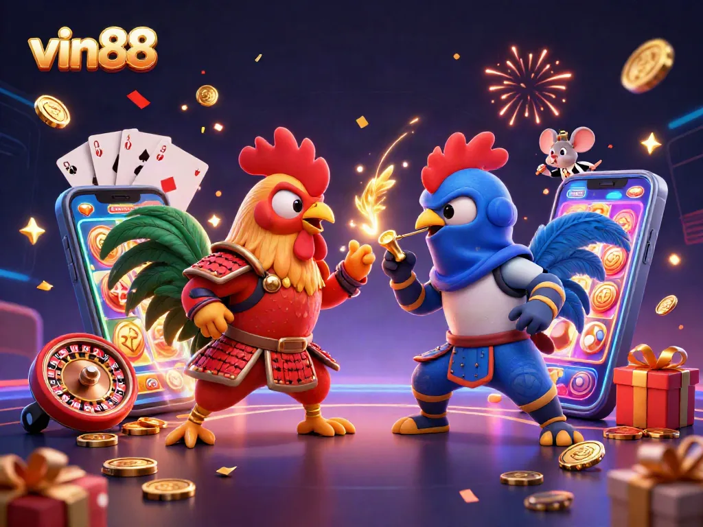 Experience thrilling gameplay with vin88's unique cartoon fighting roosters in an energetic casino atmosphere.