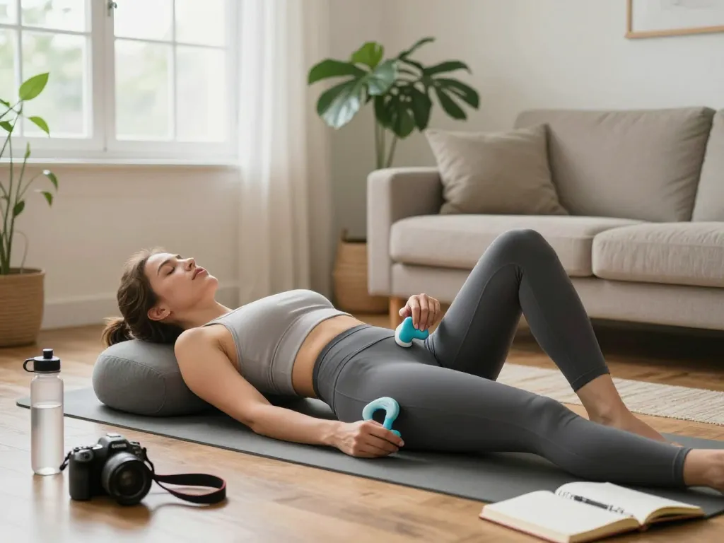Women practicing exercises from https://pelvi-care.de/ using a pelvic floor trainer in a calming home environment.