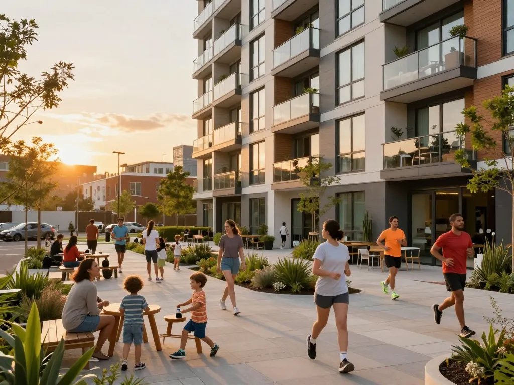 Five88 community scene with residents enjoying the urban lifestyle in a vibrant apartment complex during sunset.