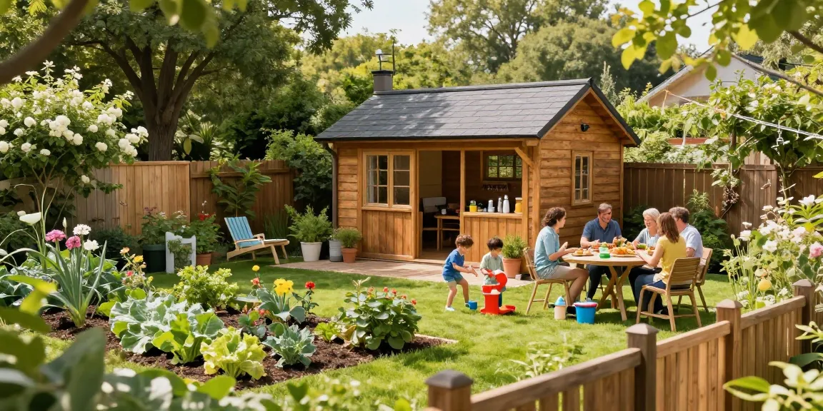 Gartenhäuser aus Holz: Charmantes Gartenhaus umgeben von Blumen und einer Familie beim Grillen im Garten.