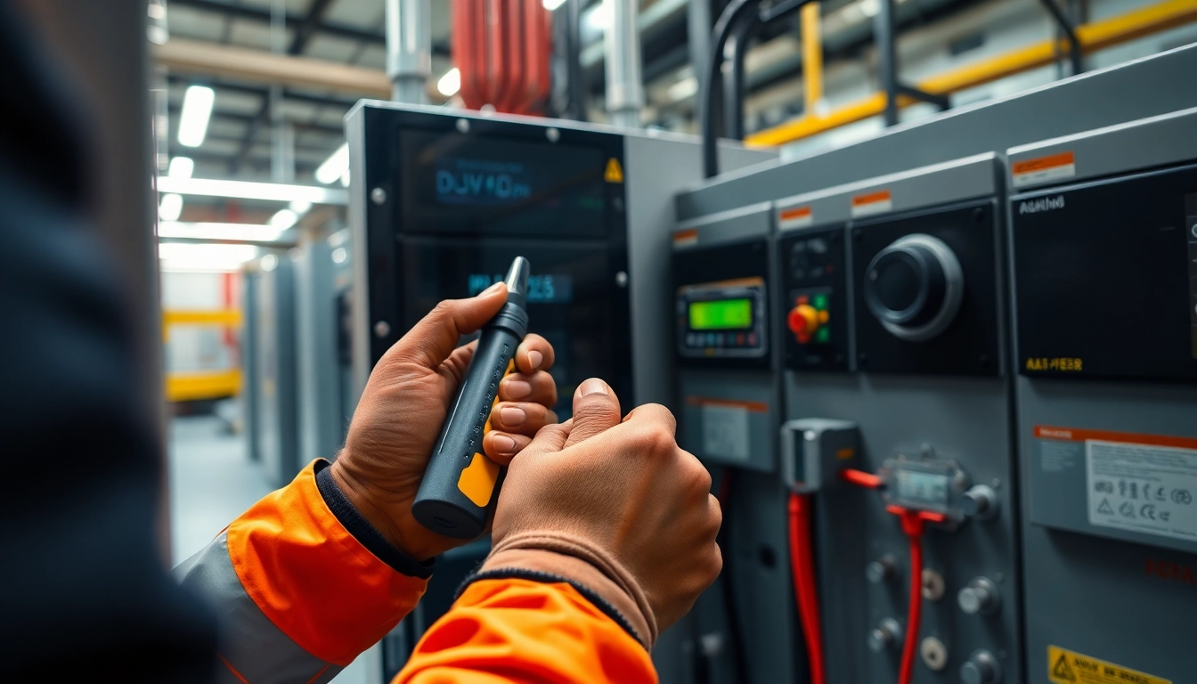 Technician performing DGUV V3 Prüfung on electrical equipment, ensuring safety and compliance.