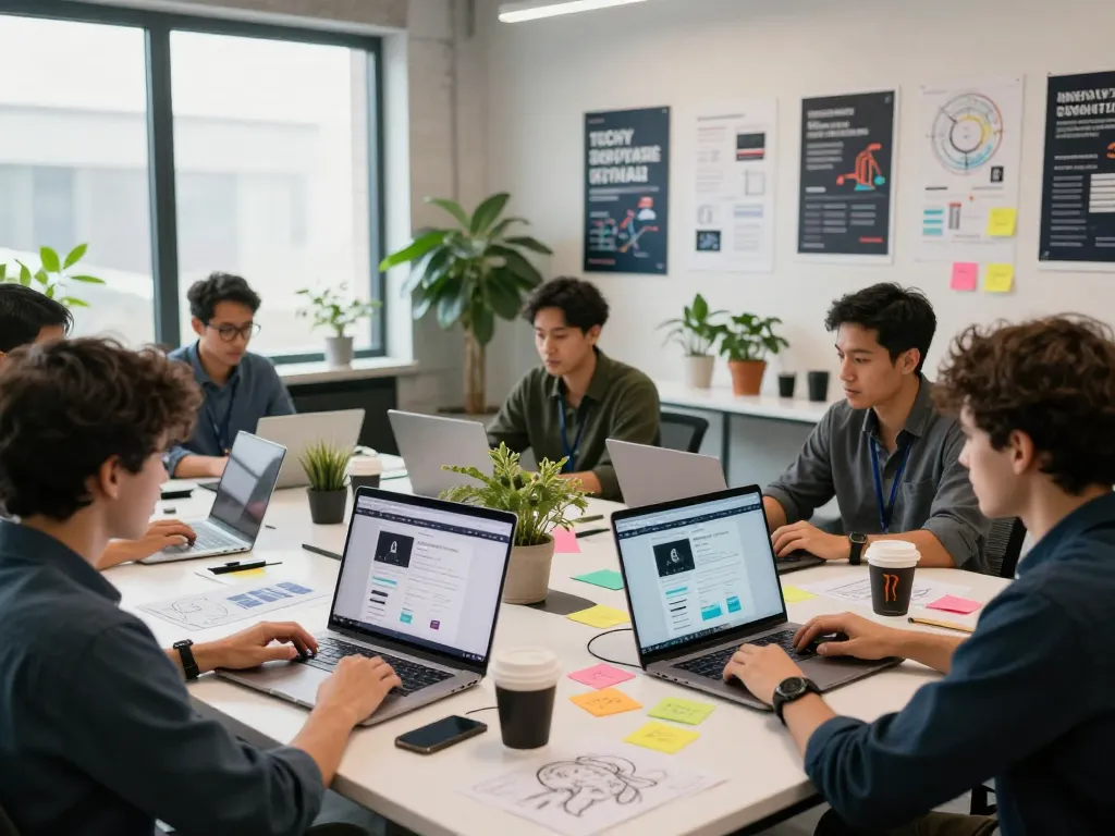 Webanwendung beauftragen in einem kollaborativen Webentwicklungsstudio mit Ingenieuren, die neue Softwarelösungen brainstormen.