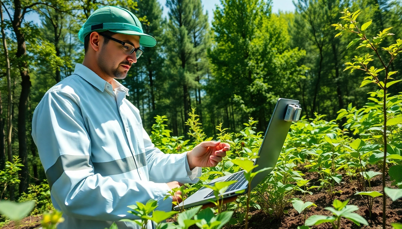 Umweltforschung in action: A researcher analyzing samples in a lush forest environment.