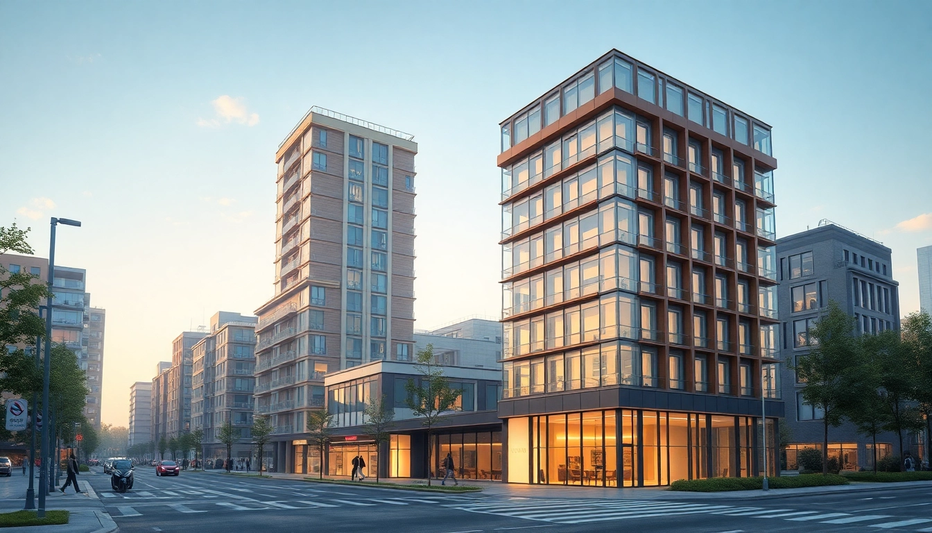 Visualisierung Architektur: fotorealistische 3D-Darstellung eines modernen Gebäudes in urbanem Umfeld mit lebendigen Details.