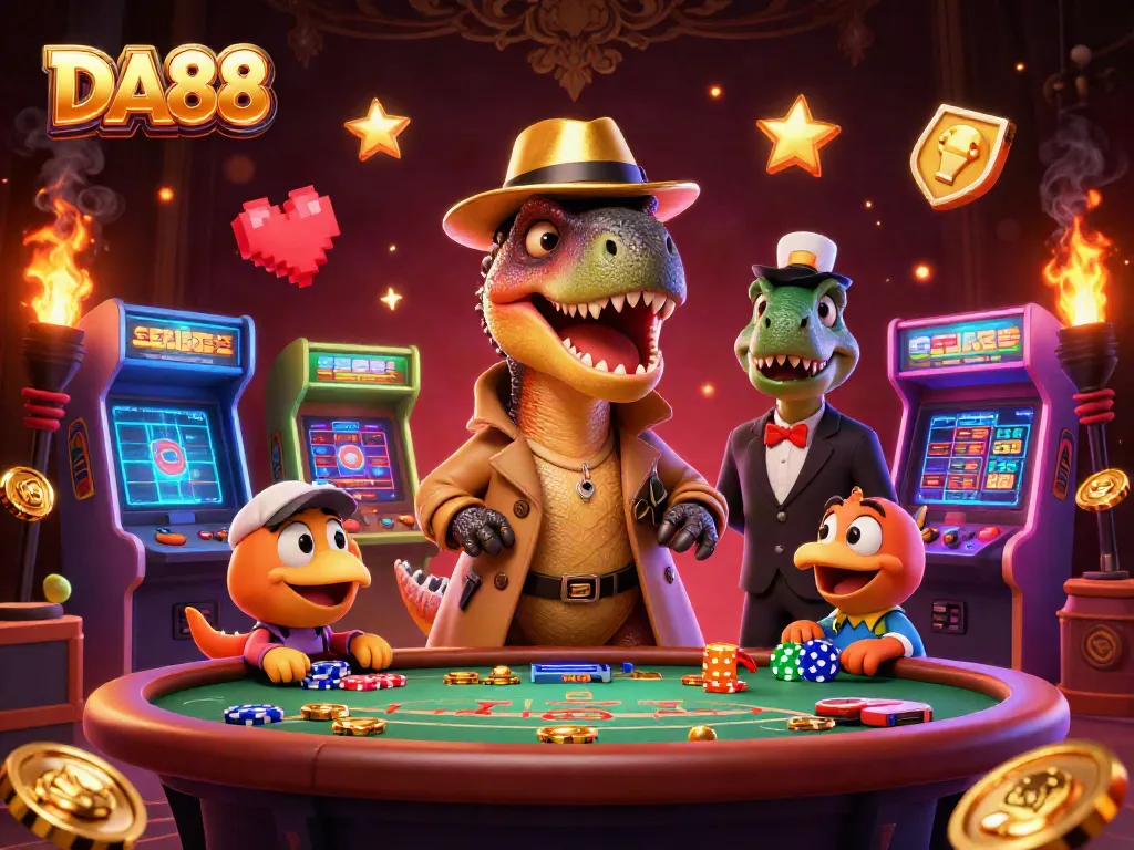 DA88 velociraptor card counter blends casino and arcade in a vibrant 3D scene.