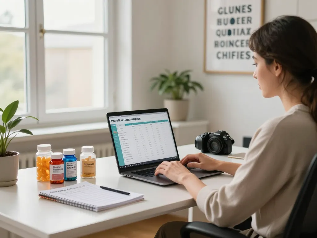 Natura Vitalis Vergütungsplan Übersicht in einem professionellen Homeoffice-Umfeld, mit Gesundheitspräparaten und motivierender Dekoration.