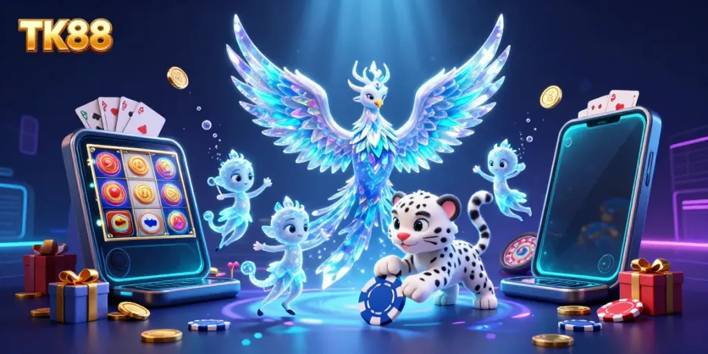 Experience TK88's vibrant casino action with a magical ice phoenix and playful snow leopard amidst dazzling gaming elements.