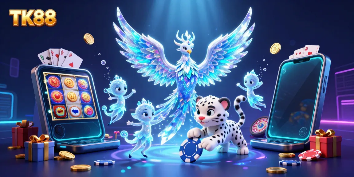 Experience TK88's vibrant casino action with a magical ice phoenix and playful snow leopard amidst dazzling gaming elements.