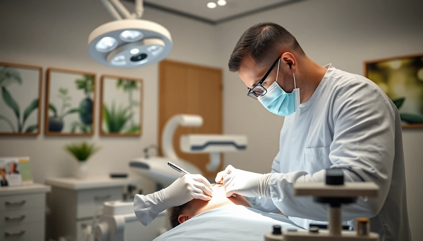 Hair transplant procedure showcasing surgical precision and modern clinic ambiance.