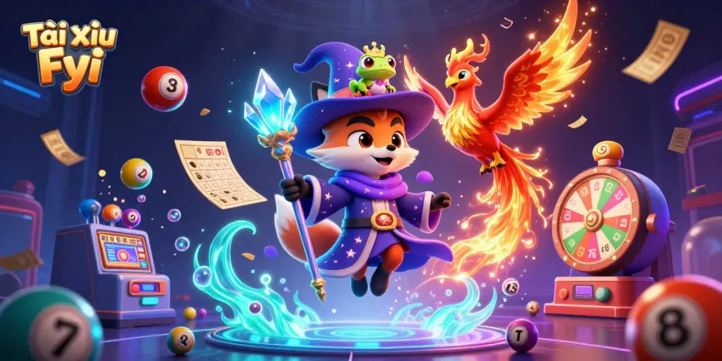 Tài Xỉu Fyi vibrant casino-themed 3D illustration featuring a wizard fox, phoenix, and a frog amidst dynamic gambling elements.