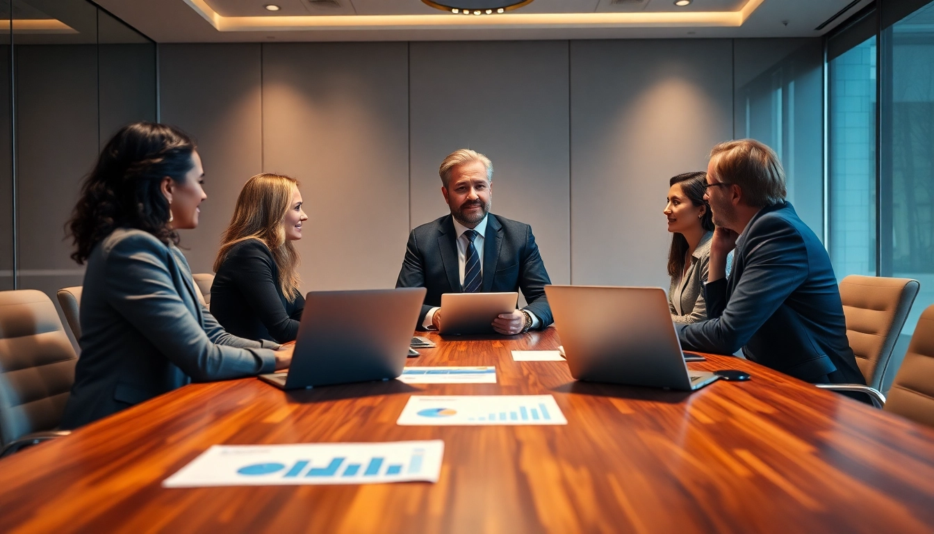 Headhunter Geschäftsführer strategizing in a corporate meeting room with a diverse team.