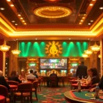 Spielen Sie im besten casino online mit erleuchteten Tischen und glücklichen Spielern in einer eleganten Atmosphäre.