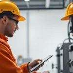 Inspecting portable electrical equipment for safety and compliance while prüfen der ortsveränderlichen elektrischen Betriebsmittel.