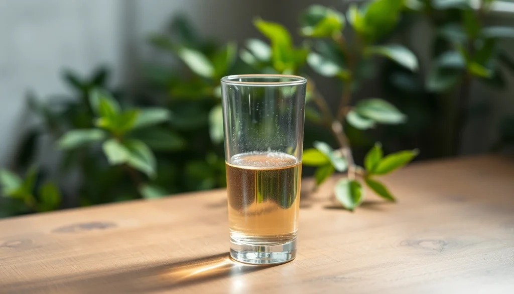 Kolloidales Silber 25 ppm in einer stilvollen Flasche mit natürlichen Elementen und weichem Licht.