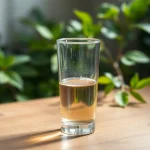 Kolloidales Silber 25 ppm in einer stilvollen Flasche mit natürlichen Elementen und weichem Licht.
