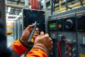Technician performing DGUV V3 Prüfung on electrical equipment, ensuring safety and compliance.