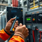 Technician performing DGUV V3 Prüfung on electrical equipment, ensuring safety and compliance.