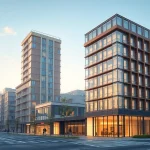Visualisierung Architektur: fotorealistische 3D-Darstellung eines modernen Gebäudes in urbanem Umfeld mit lebendigen Details.