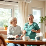 Pflegedienst: Pflegekraft hilft älteren Patienten in einer einladenden, häuslichen Umgebung.