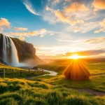 Erleben Sie eine beeindruckende Reise nach Island mit einem Sonnenuntergang über einem Wasserfall und schwarz-vulkanischen Felsen.
