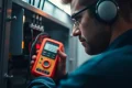 Technician performing a DGUV V3 Prüfung on electrical equipment while ensuring safety.