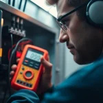 Technician performing a DGUV V3 Prüfung on electrical equipment while ensuring safety.