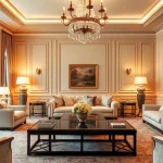 Luxury living room with elegant furniture and warm lighting that exudes comfort and sophistication.