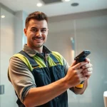 Professioneller Installateur Notdienst in einem modernen Badezimmer bei der Installation von Sanitäranlagen.
